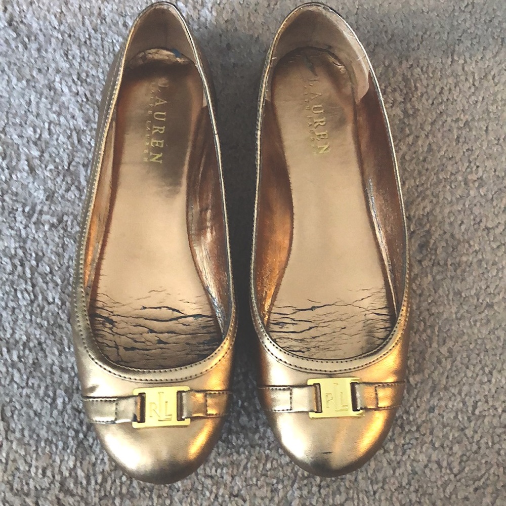 Lauren by Ralph Lauren muted gold flat with RLL buckle accent in toe.